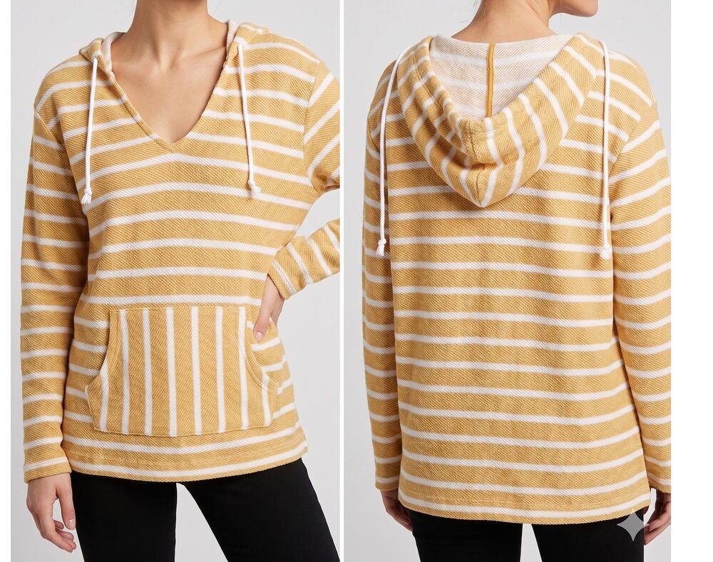 Old Navy Womens XL Hooded Yellow Striped Pullover with Pouch Pocket